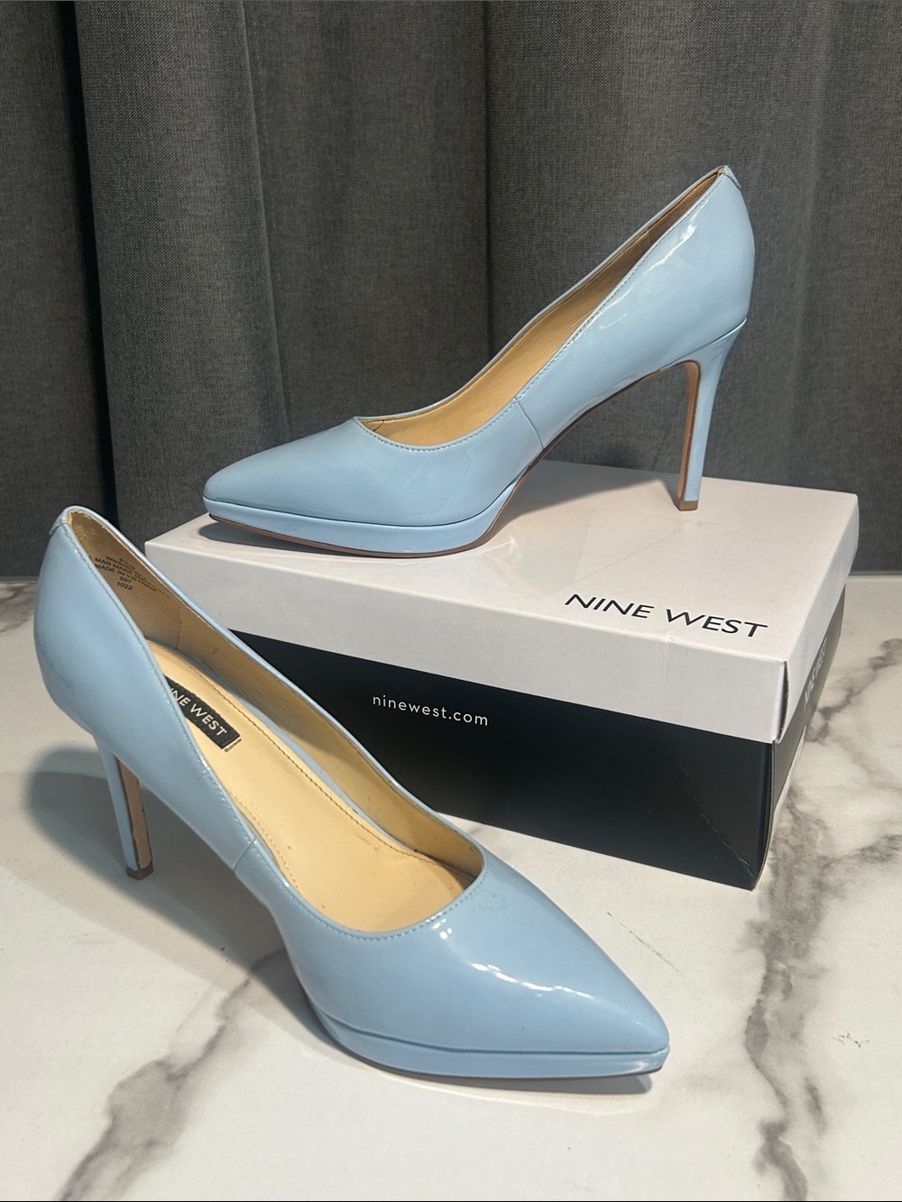 Nine West Patent Light Blue Pointed Toe Stiletto Pumps size 8.5 SHELBE3 in box